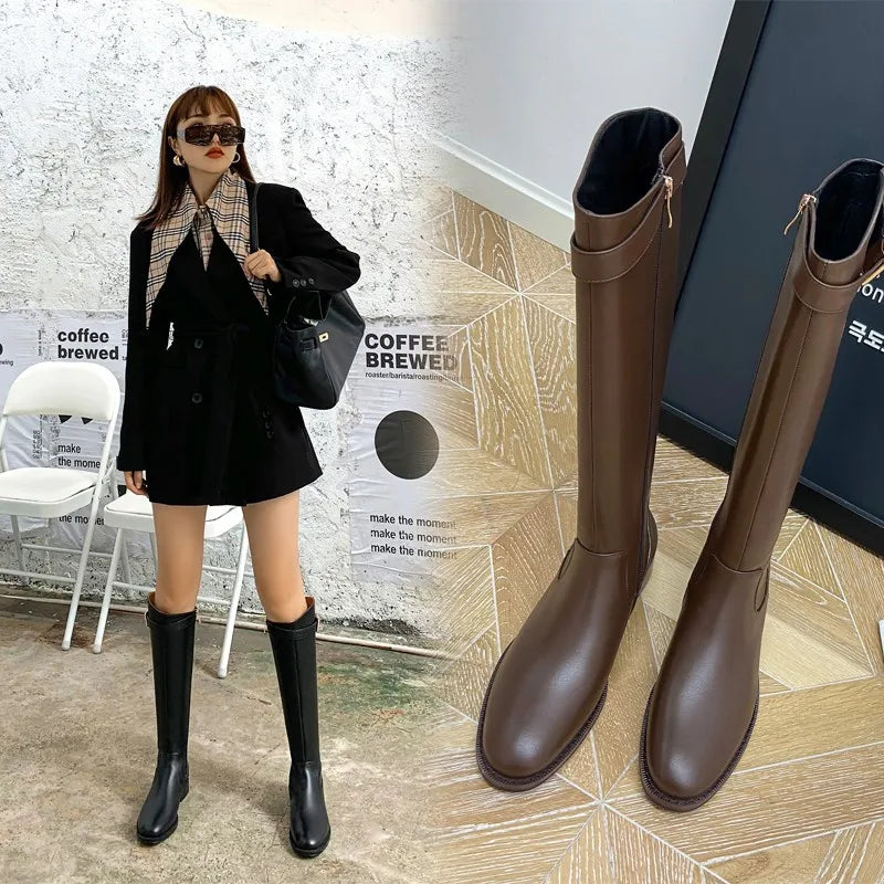 YBQJOO Women's Vintage Knee-High Boots | Belt Buckle Low Heel Knee-High Boots Axl