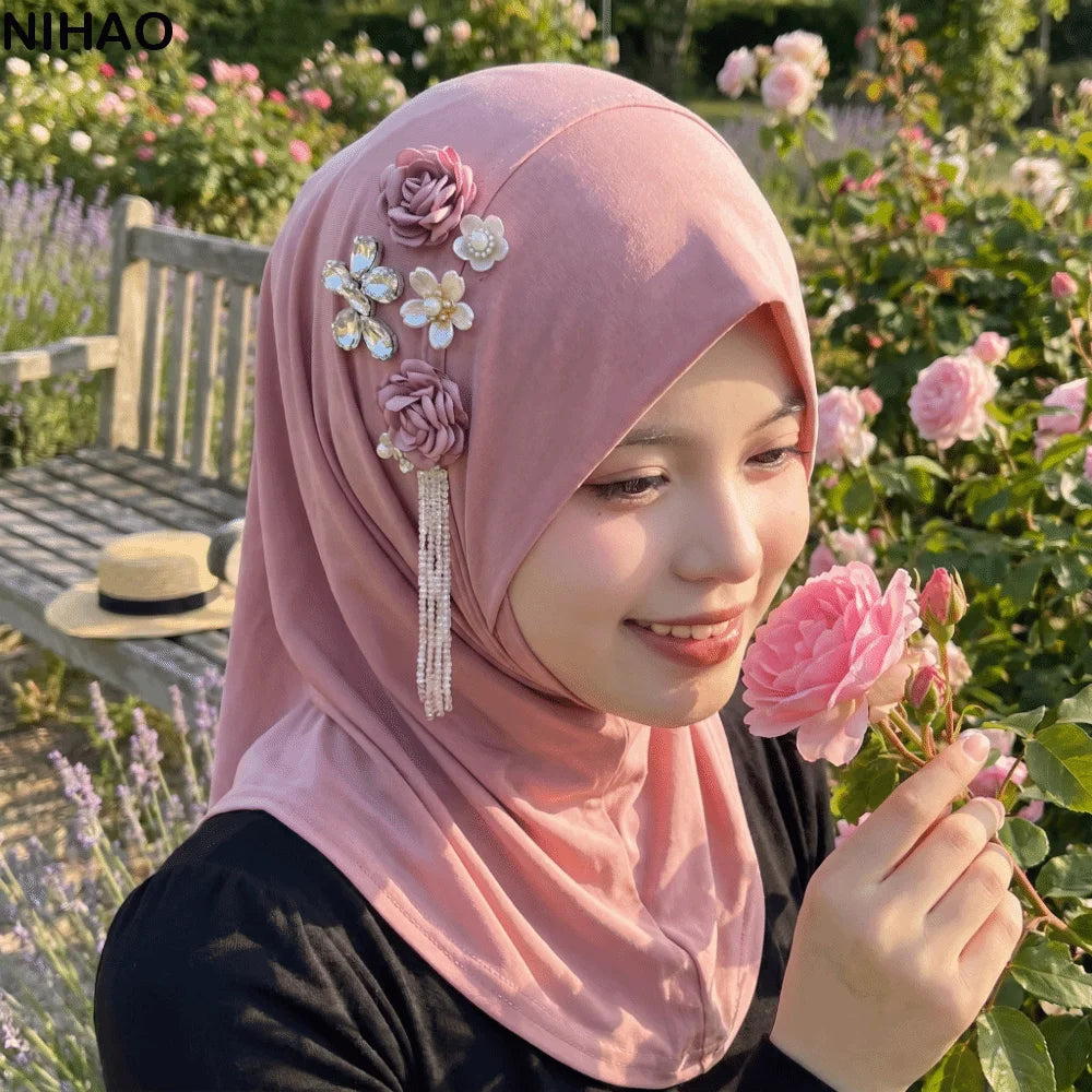 Elastic Flower Tassel Hijab Cap – Soft Breathable Head Wrap Hijab Head Wrap Axl