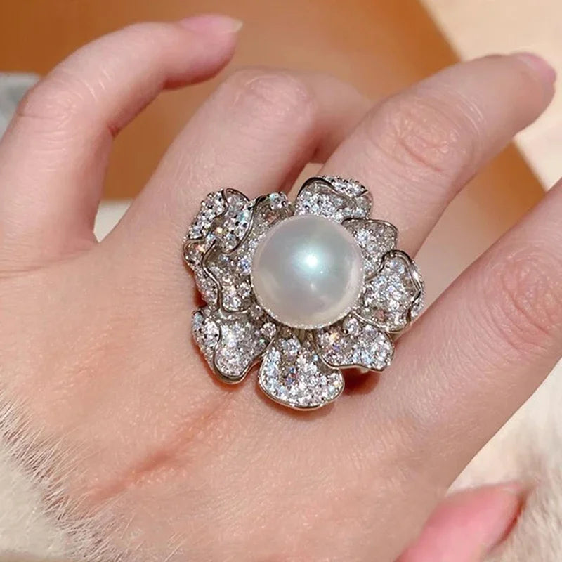 Huitan Pearl Flower Ring Women – Elegant CZ Wedding Band Fashion Ring Axl