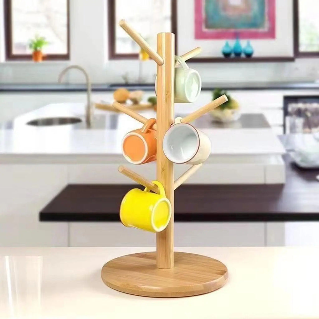 Wooden Mug Tree 6-Hook Cup Holder – Kitchen & Bar Organizer Mug Tree Organizer Axl