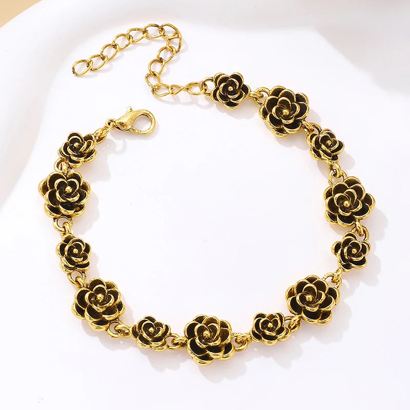 Retro Vintage Rose Flower Bracelet – Women's Gold Silver Chain Charm Bracelet Axl