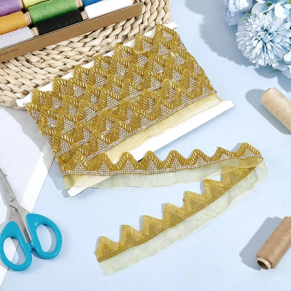 Rhinestone Glass Bead Lace Ribbon Goldenrod 41mm – 5 Yards Decorative Ribbon Trim Axl