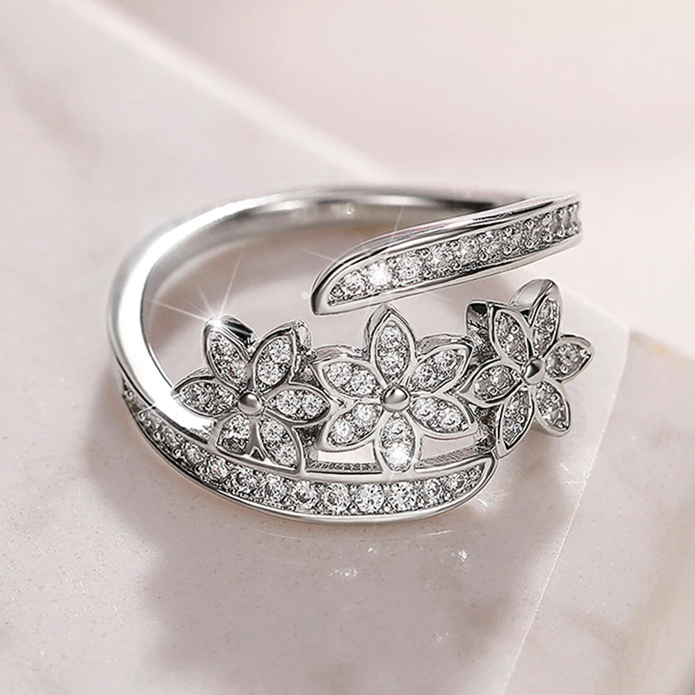 Huitan Silver Flower Adjustable Ring | Cubic Zirconia Bridal Fashion Ring Axl