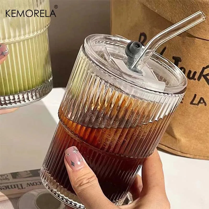 KEMORELA 380ml Striped Glass Cup with Lid & Straw | 1 or 2 Pack Glass Drinkware Set Axl