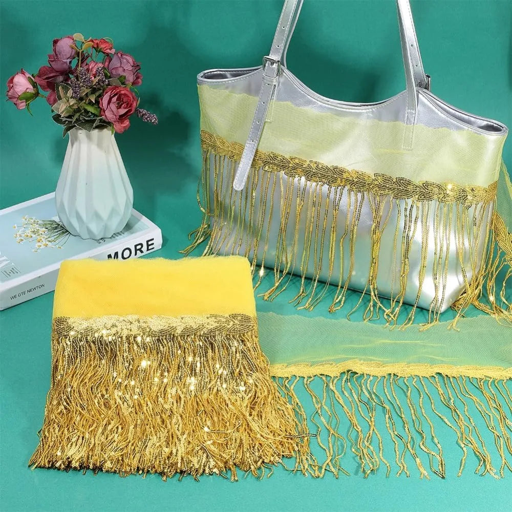 10 Yards Gold Sequin Tassel Fringe Trim Ribbon – 13 Inch Wide Sequin Fringe Trim Axl