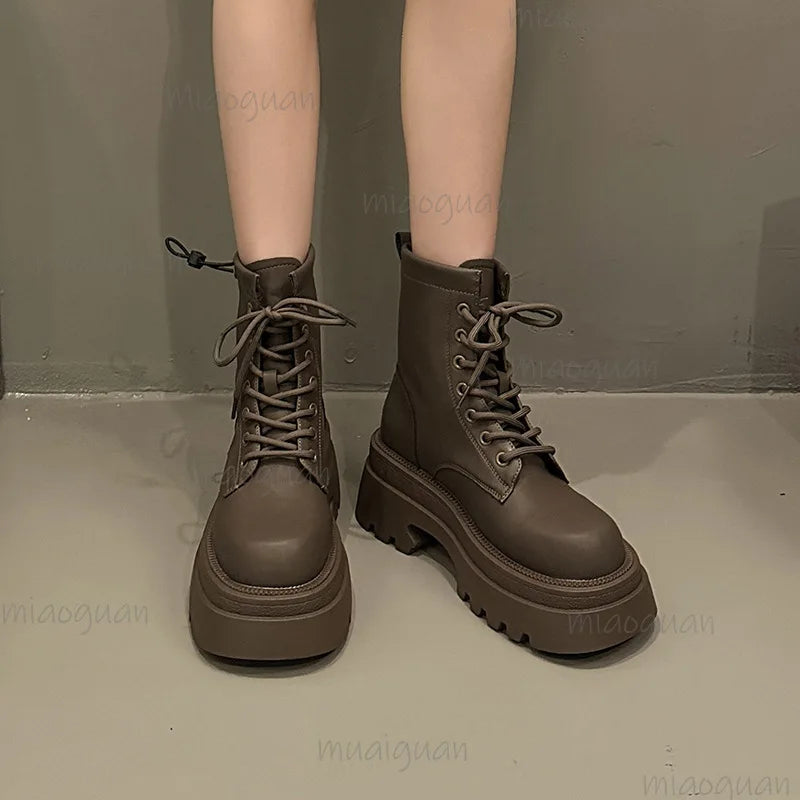 Women's Chunky Platform Ankle Boots – Lace-Up PU Booties Platform Ankle Boots Axl
