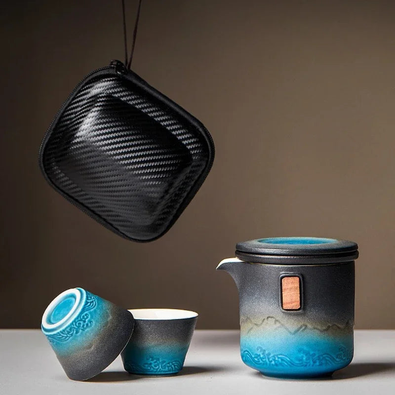 Ceramic Blue Kung Fu Travel Tea Set | Japanese Portable Teapot Kung Fu Tea Set Axl
