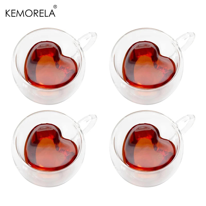 Heart Shaped Double Wall Glass Mugs Set of 4 | 240ml Coffee Double Wall Glass Mug Axl 4PCS 180ml