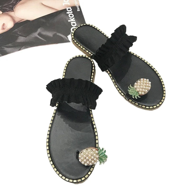 Women's Bohemian Pearl Flat Sandals – Summer Beach Slippers Flat Beach Sandals Axl 43 black