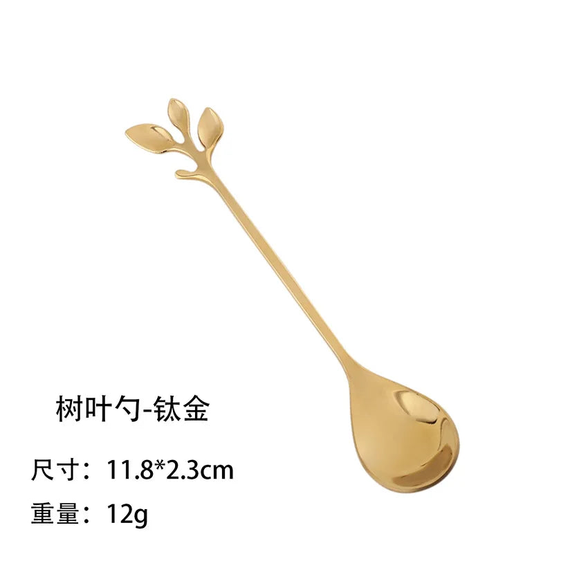 Leaf-Shaped Zinc Alloy Dessert Fork & Spoon | 12cm Cutlery Decorative Dessert Cutlery Axl spoon-Gold