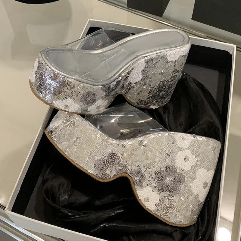 Women's 13CM Sequined Wedge Platform Sandal – Open Toe Heels Wedge Platform Sandals Axl Silver 128-6 40
