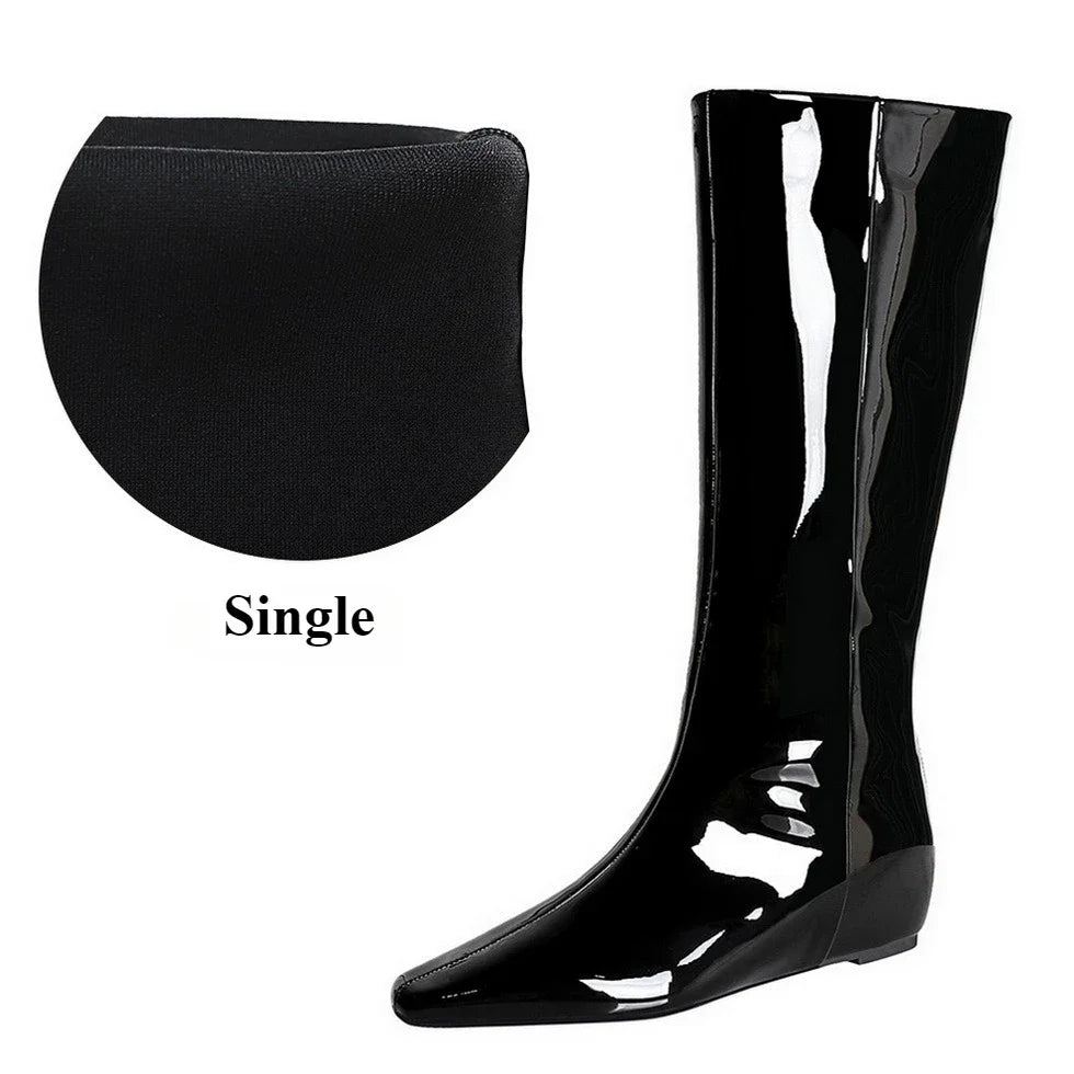 Women's Black Wedge Knee-High Boots – Pointed Toe Patent Leather Wedge Knee-High Boots Axl Black 40