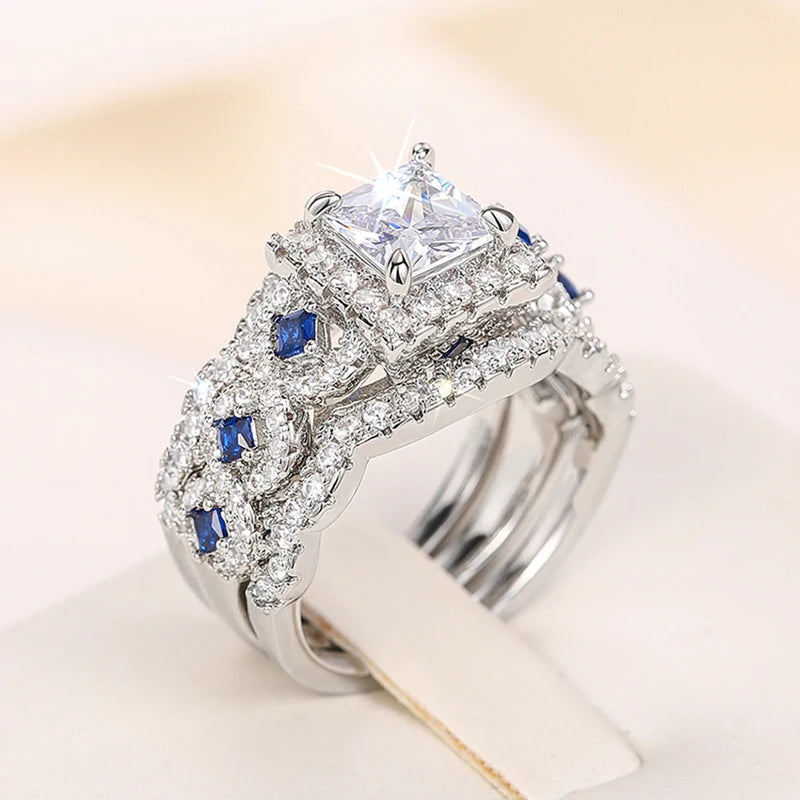 Huitan 3-Piece CZ Bridal Ring Set – Princess Wedding Jewelry Bridal Ring Set Axl