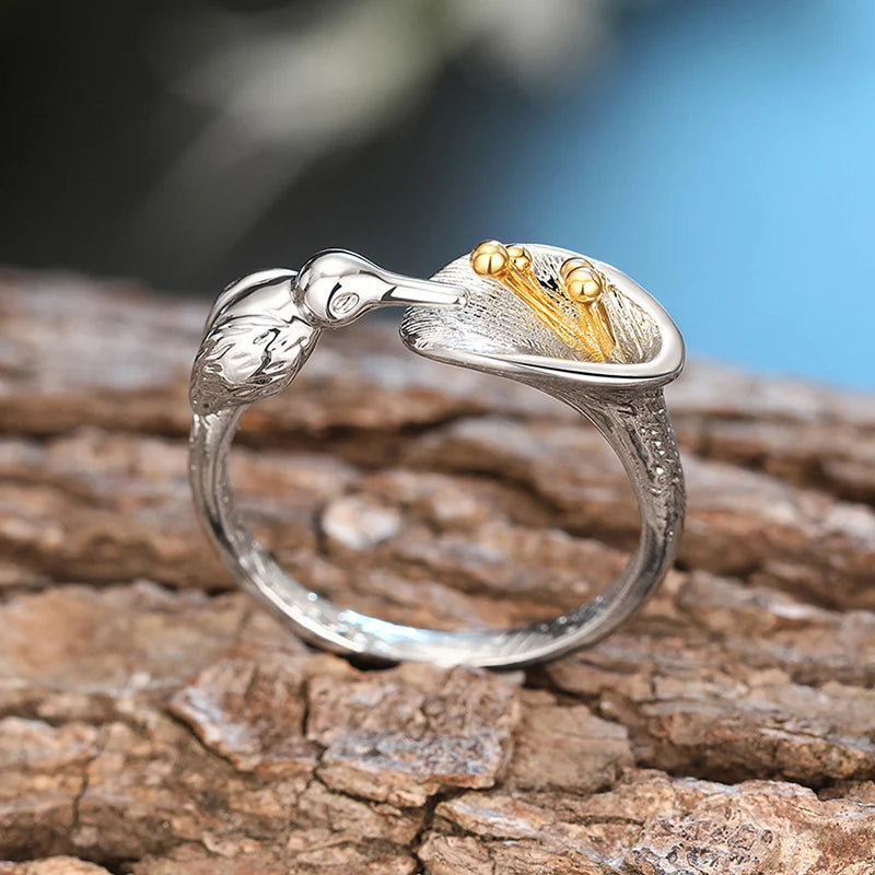 Huitan Two-Tone Bird & Flower Ring for Women | Brass Fashion Ring Fashion Ring Axl