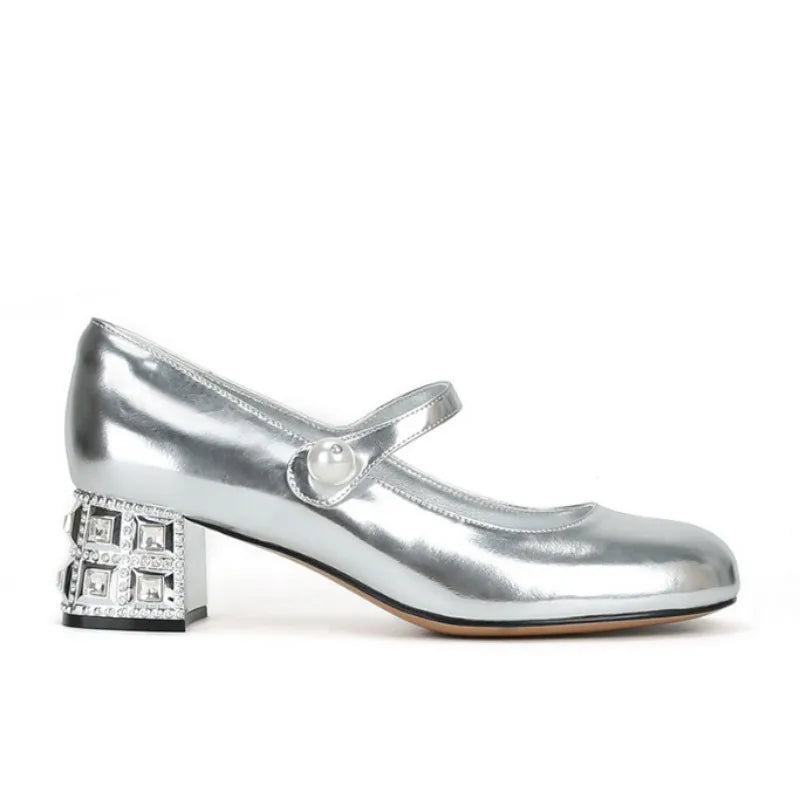 Women's Chunky Heel Mary Jane Pumps – Rhinestone Buckle Mary Jane Pumps Axl