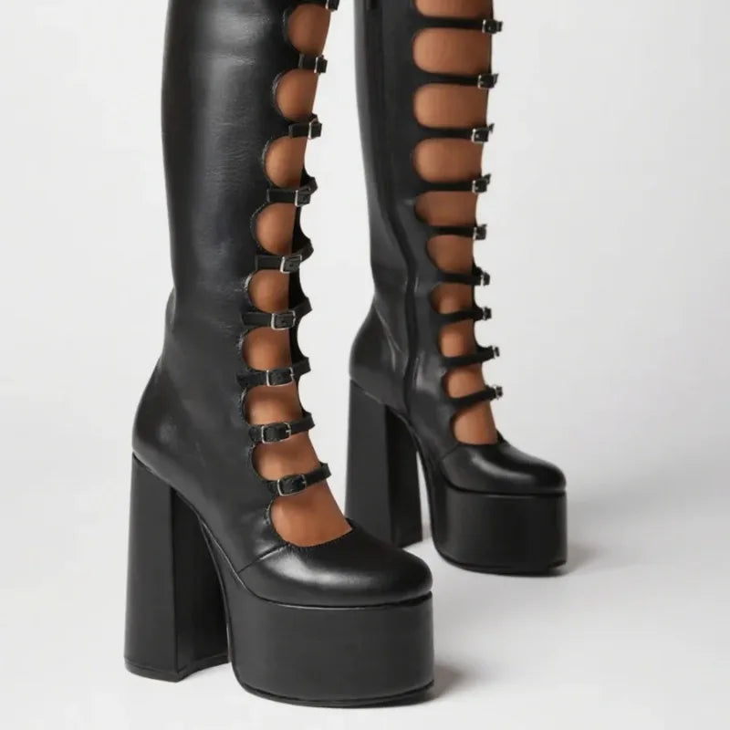 Women's Black Knee-High Platform Boots | Square Block Heel Knee-High Boots Axl
