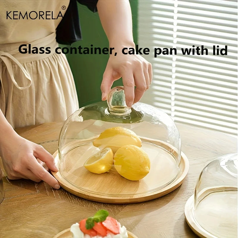 KEMORELA Bamboo Cake Stand with Clear Glass Lid | Dustproof Bamboo Cake Stand Axl