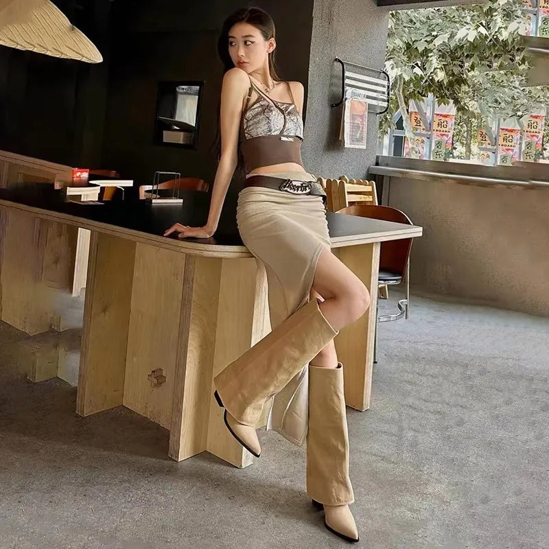 Women's Corduroy Knee-High Boots Pointed Toe Low Heel Knee-High Boots Axl