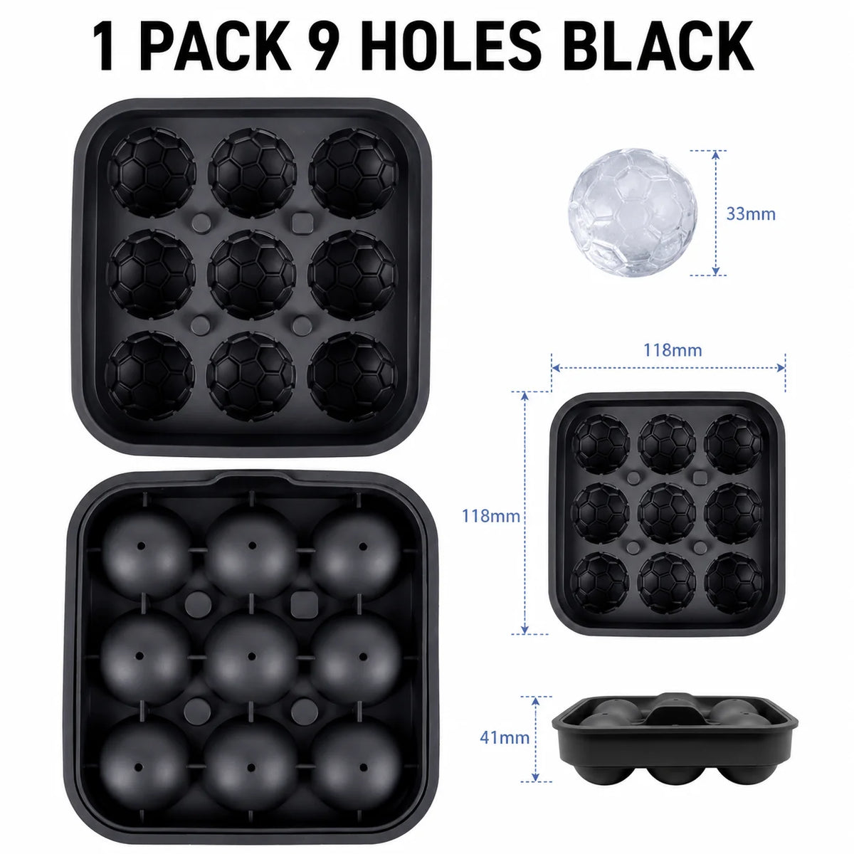 3D Soccer Ball Silicone Ice Mold – 9-Cavity Football Sphere Tray Silicone Ice Mold Axl 1 PACK 9 Holes Black