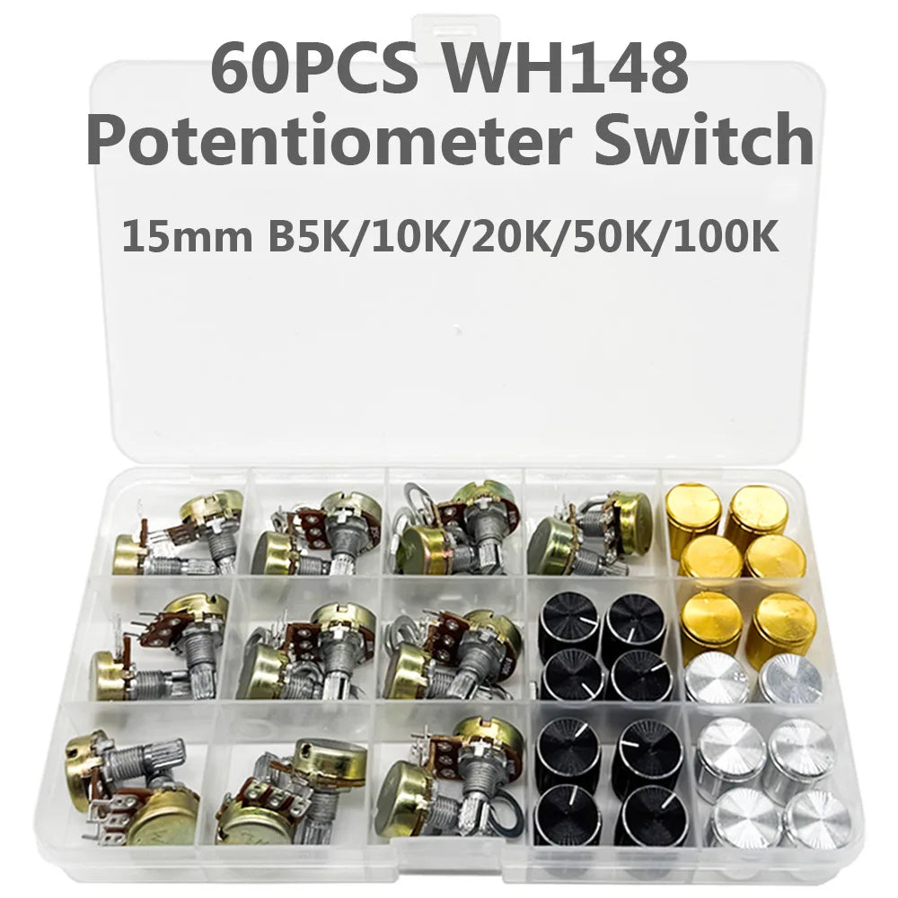 60PCS WH148 Rotary Potentiometer Kit 3-Pin 15mm B5K–100K Rotary Potentiometer Kit Axl Default Title