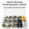 60PCS WH148 Rotary Potentiometer Kit 3-Pin 15mm B5K–100K Rotary Potentiometer Kit Axl Default Title