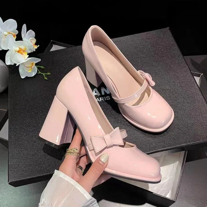 Pink Bow Mary Jane Platform Heels – Women's Square Toe Pumps Mary Jane Heels Axl