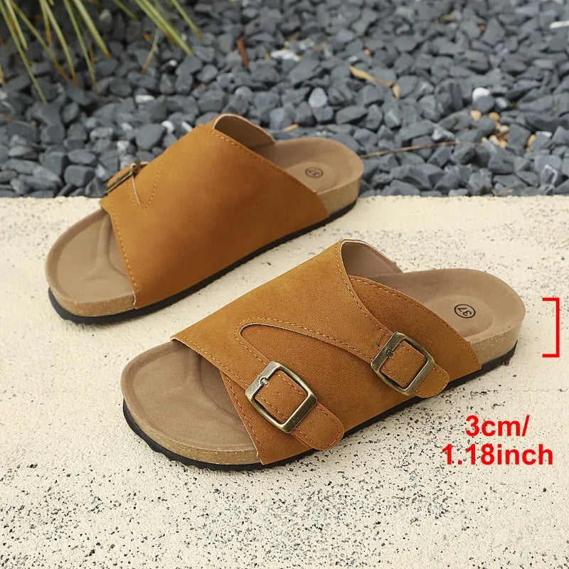 Women's Faux Suede Cork Sandals Double Buckle Flat Slides Cork Flat Sandals Axl