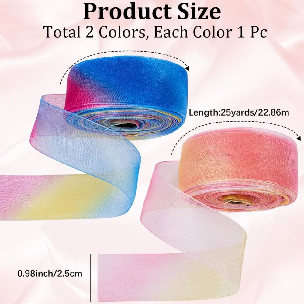 Rainbow Organza Ribbon 2 Rolls – 1 Inch x 50 Yards Sheer Craft Ribbon Axl