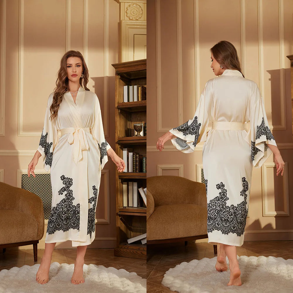 Women's Satin Floral Robe – Long Sleeve Lace-Up Bathrobe Satin Bathrobe Axl 3383-6 One Size