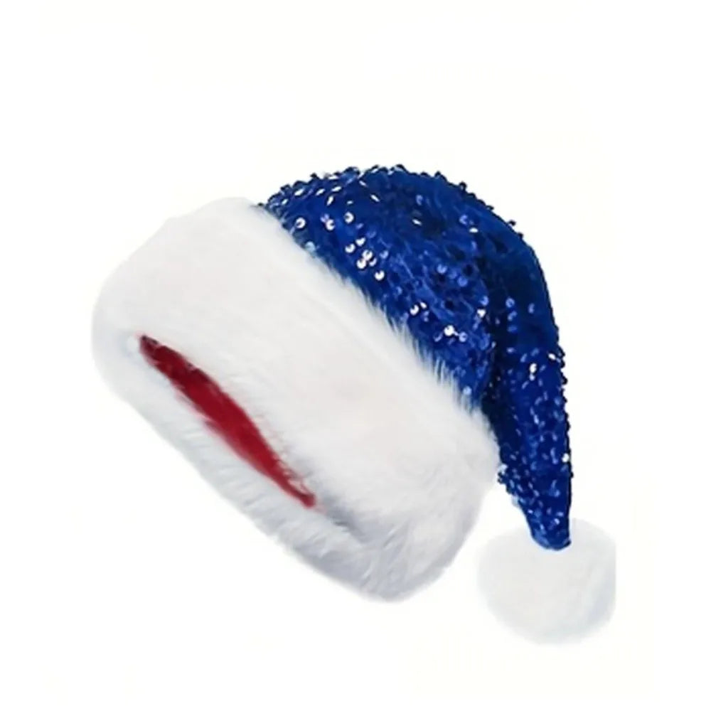 Red Glitter Sequin Santa Hat – Soft Velvet Unisex Xmas Cap Sequin Santa Hat Axl Blue 45x32cm