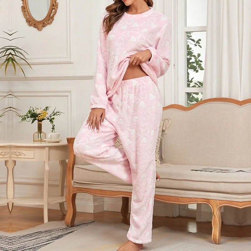 Women's Winter Flannel Pajama Set – Thick Coral Fleece Lounge Flannel Pajama Set Axl pink 1XL