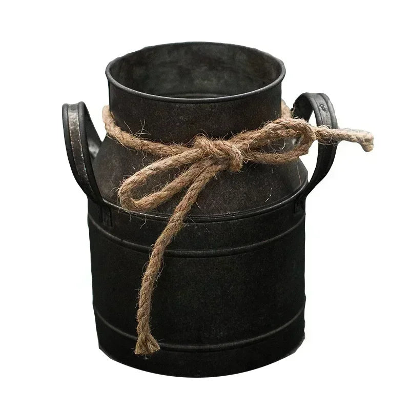Retro Iron Milk Jug Vase – Vintage Rustic Tin Flower Pot Decor Decorative Vase Axl