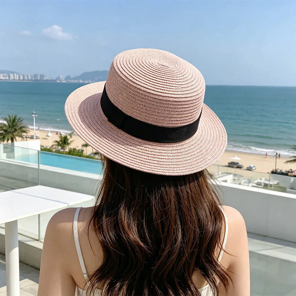 French Flat Top Straw Sun Hat – Unisex Beach & Vacation Cap Straw Sun Hat Axl