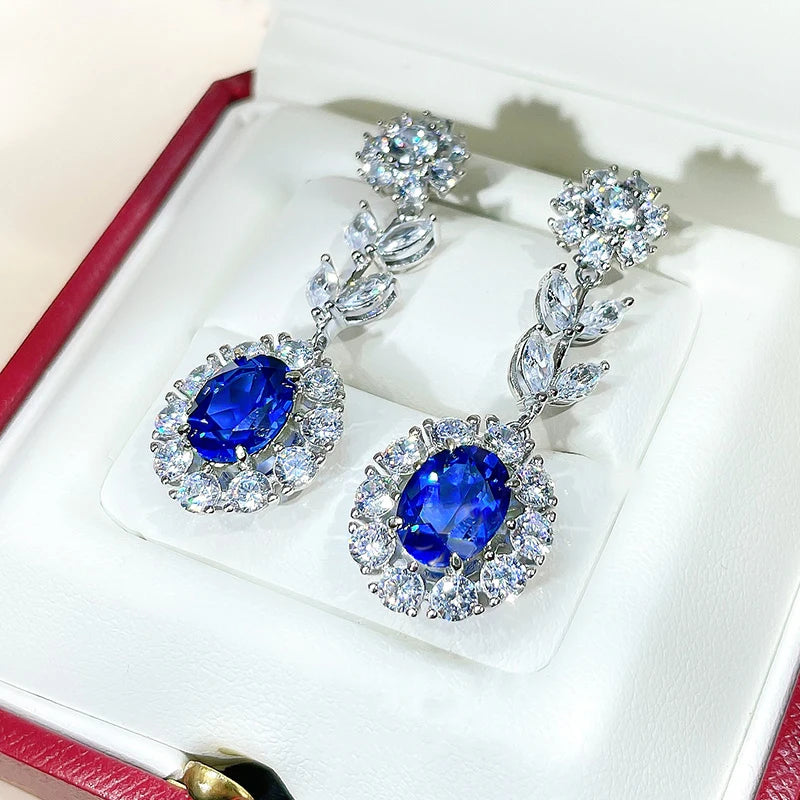 Huitan Flower Dangle Earrings – Blue White CZ Silver Drop Drop Dangle Earrings Axl
