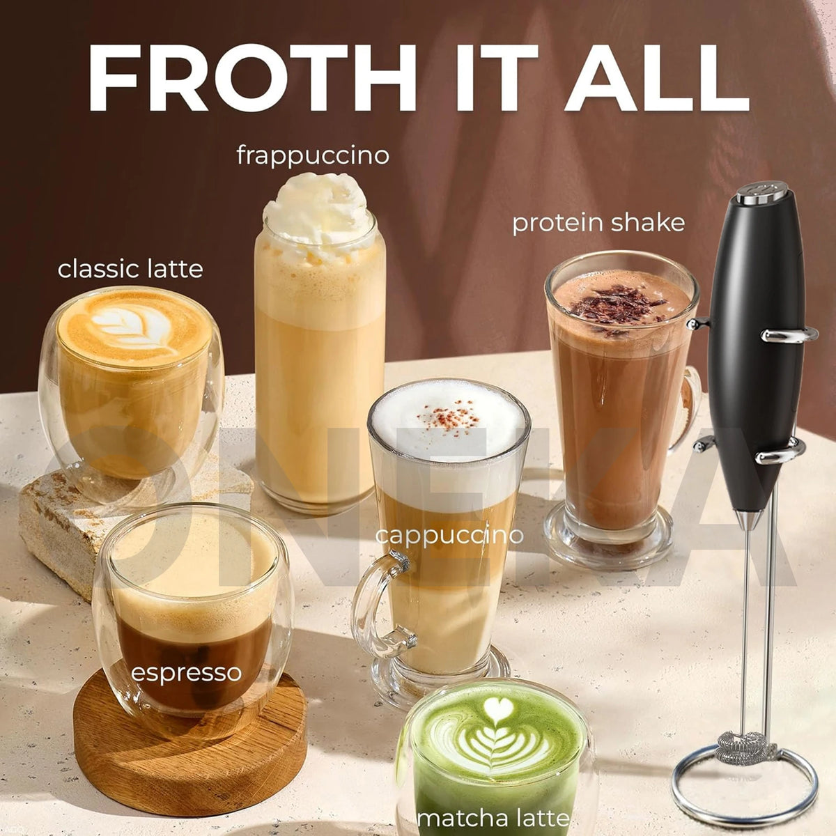 ONEKA Handheld Milk Frother Wand with Stand | Battery Powered Milk Frother Wand Axl