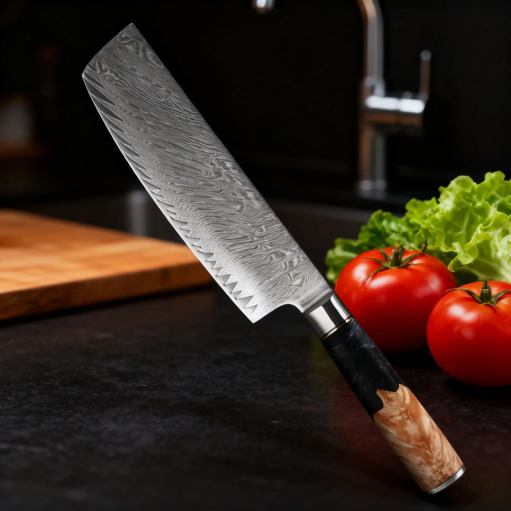 67-Layer Damascus Steel Nakiri Knife – Vegetable Cleaver Damascus Kitchen Knife Axl