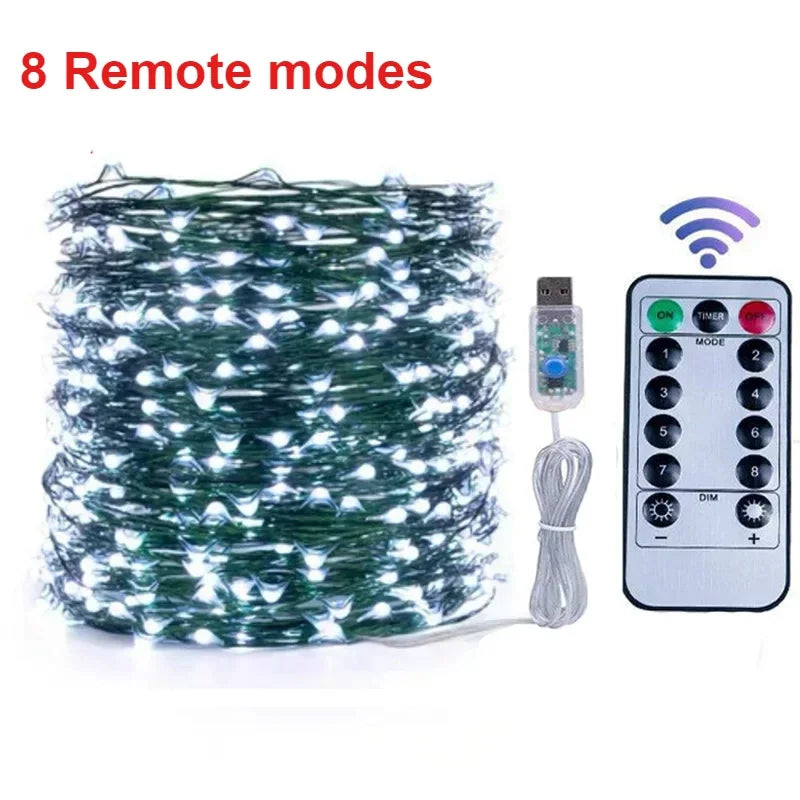 LED Copper Wire Fairy String Lights 8-Mode USB 5M 10M 20M LED String Lights Axl White with remote 20M