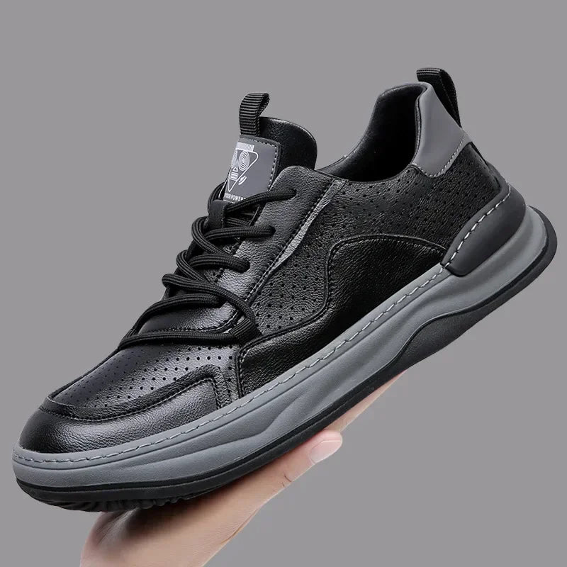 YBQJOO Men's Hollow-Out Leather Sneakers | Lace-Up Casual Shoes Men's Leather Sneakers Axl Black hollow 42