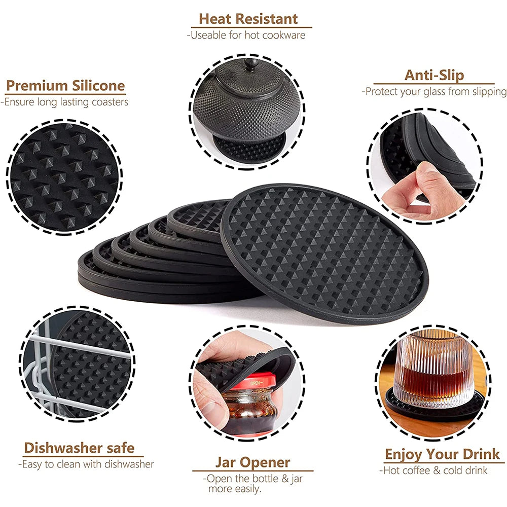 Silicone Drink Coasters with Holder 6/7 Pcs – Non-Slip Set Drink Coaster Set Axl