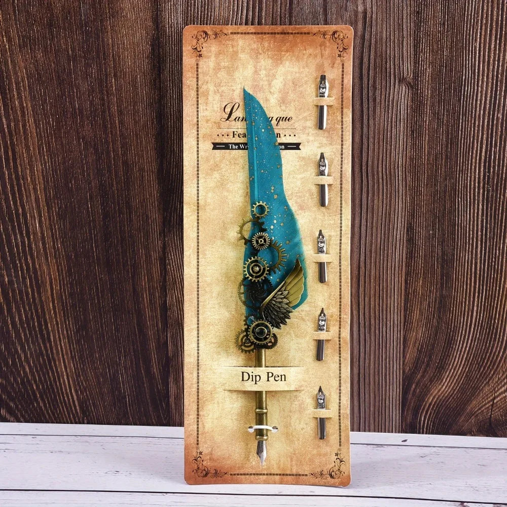 Retro Feather Dip Pen – Vintage Metal Calligraphy Set, 5 Nibs Calligraphy Dip Pen Axl Peacock green