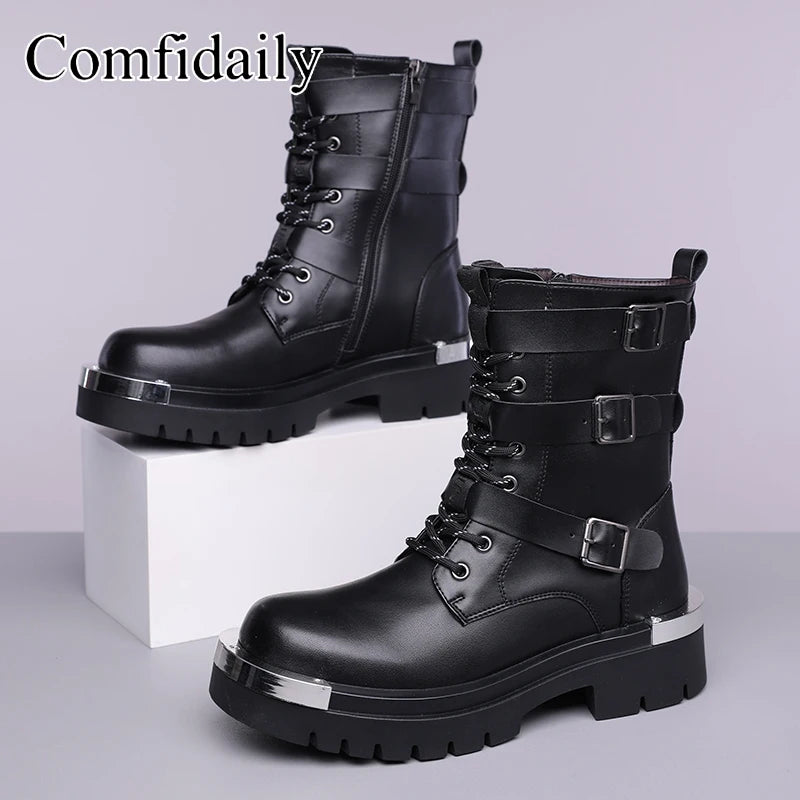 Men's Punk High Top Motorcycle Boots – Buckle & Side Zipper Motorcycle Boots Axl black 47