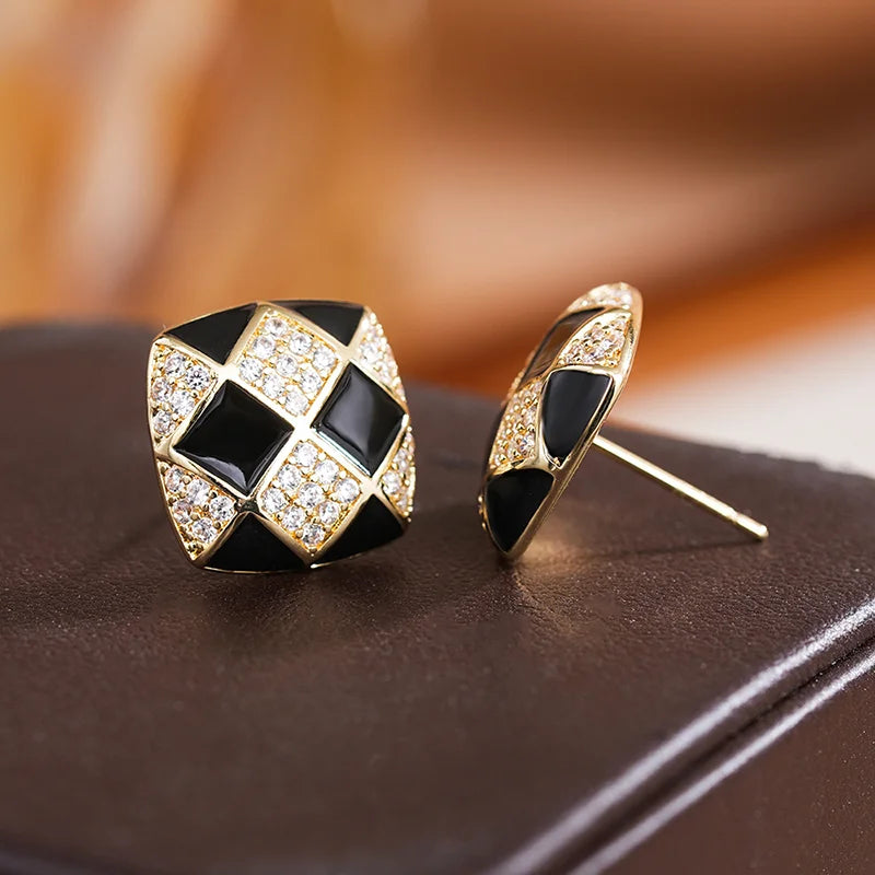 Huitan Gold Grid Stud Earrings – Geometric CZ Fashion Jewelry Stud Earrings Axl