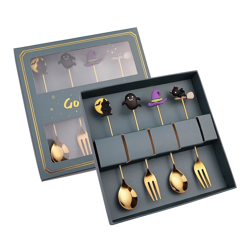 4-Piece Halloween Stainless Steel Spoon & Fork Set – Gift Box Flatware Gift Set Axl 4PCS Green Box D