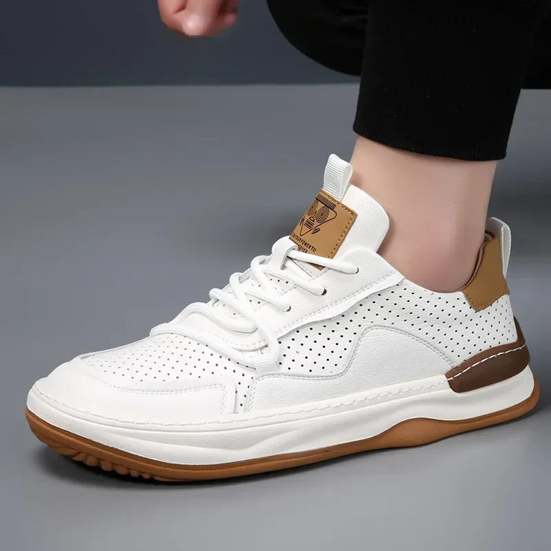 YBQJOO Men's Hollow-Out Leather Sneakers | Lace-Up Casual Shoes Men's Leather Sneakers Axl