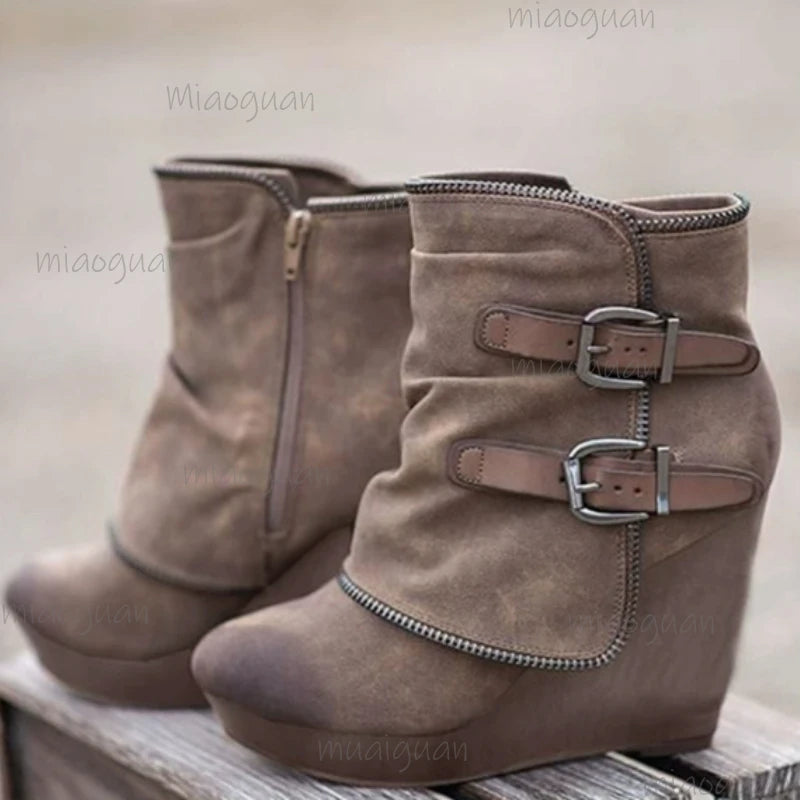 Women's Wedge Ankle Boots – Zip Round Toe Retro Booties Wedge Ankle Boots Axl