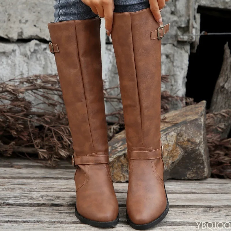 Women's Retro Pleated Buckle Knee-High Boots | Thick Heel Knee-High Boots Axl Brown 36