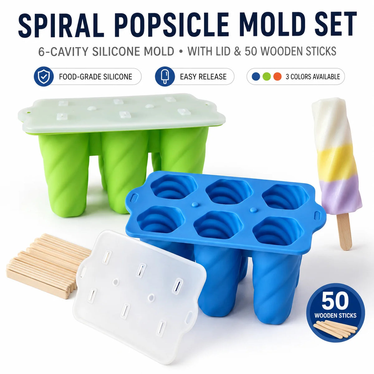 Silicone Popsicle Molds 6-Cavity Spiral Ice Pop Maker + 50 Sticks Ice Pop Mold Axl 2 PACK Blue Set