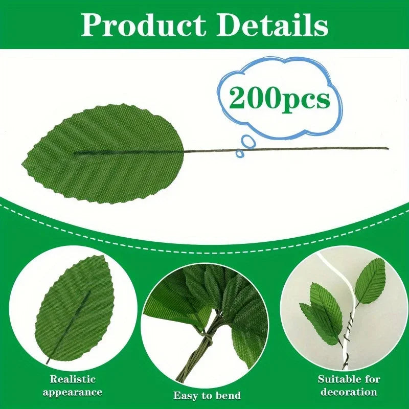 200 Pcs Artificial Rose Leaves with Stem | Wedding & DIY Decor Artificial Craft Leaves Axl