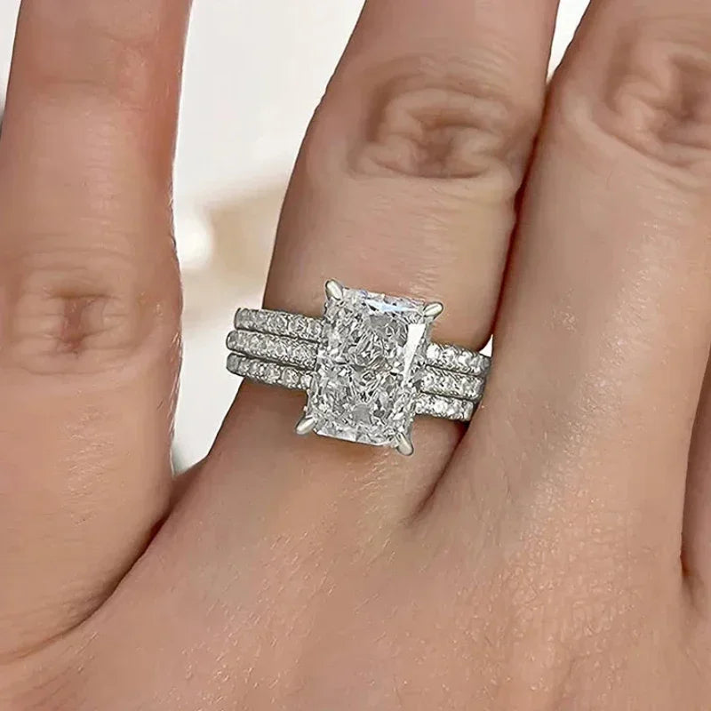 Huitan 3-Piece CZ Bridal Ring Set – Rectangular Wedding Rings Bridal Ring Set Axl