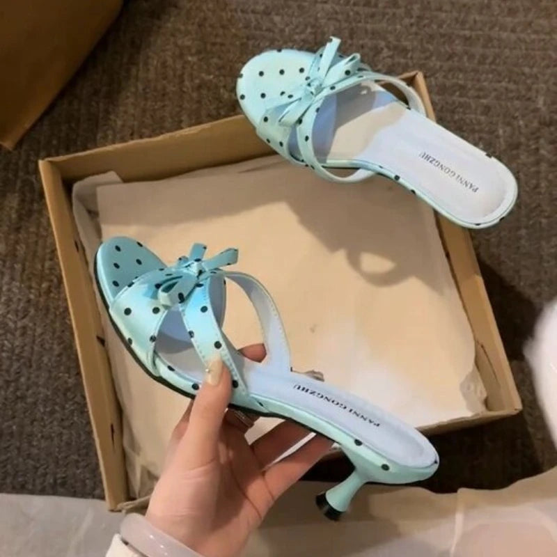 Satin Butterfly-Knot Women's Slippers – Polka Dot Block Heels Block Heel Slippers Axl SKY BLUE 40